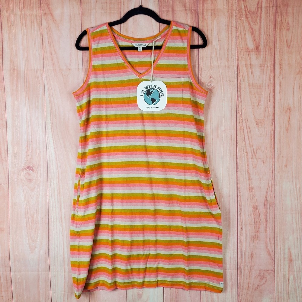 Toad & Co Grom Tank Dress Womens Medium Multicolor‎ Hemp Striped Pockets V Neck